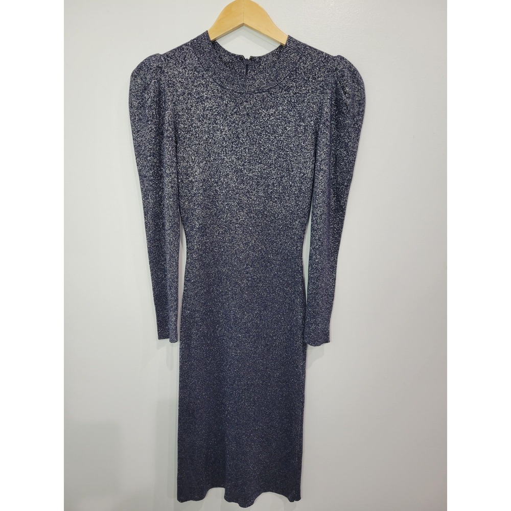 SACHIN & BABI Amelie Metallic Knit Puff Sleeve Mock Neck Midi Cocktail Dress